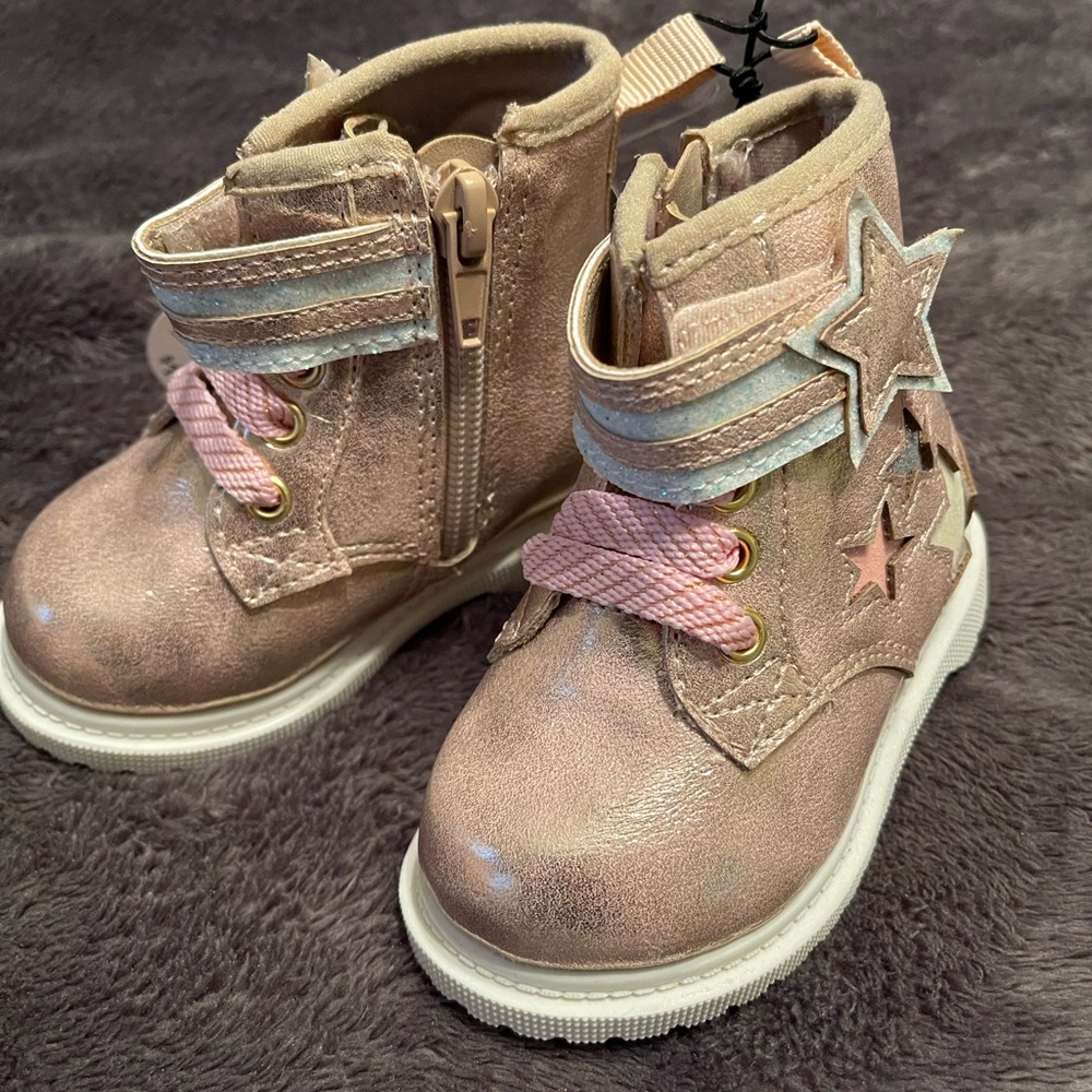 NWT Wonder Nation lil’ girl tie/zip/velcro bl/pink/metallic bronze w/stars boots